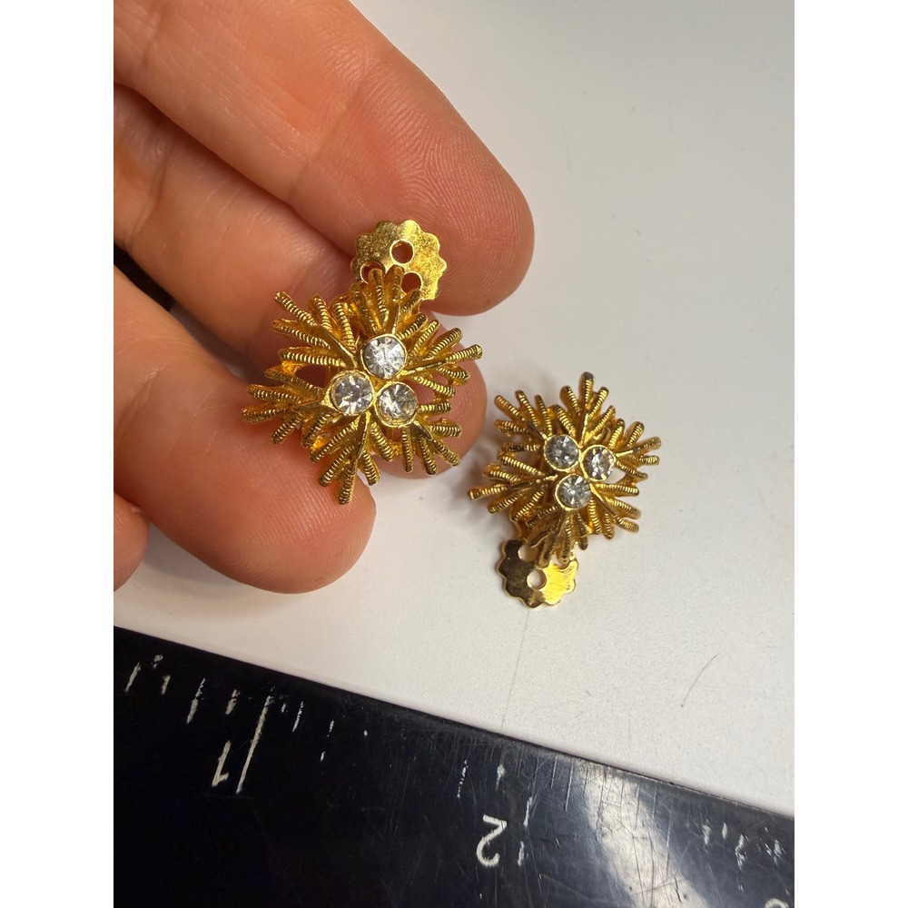 Gold Tone Rhinestone Starburst Clip On Earrings Textured Snowflake Sunburst
